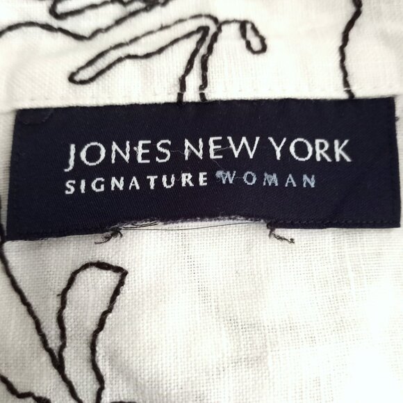 Jones New York Signature Linen White Black Floral Embroidered Blouse - Picture 7 of 8
